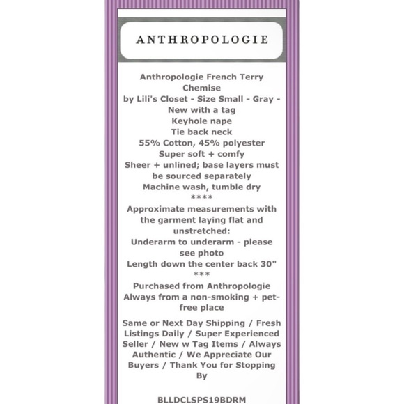 $128 Anthropologie Chemise Small 2 4 Grey French Terry Dress Cotton Nightie NWT - Picture 2 of 13